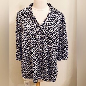 East 5th Black Grey White Abstract Pin-tucked 3/4 Sleeves Button Career Top 1X